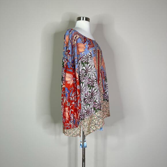 Anthropologie | Sonrisa Paisley Floral Red Blue Tassel Balloon Sleeve Blouse Top - Picture 5 of 9